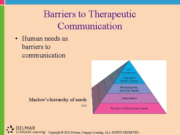 Barriers to Therapeutic Communication • Human needs as barriers to communication Maslow’s hierarchy of