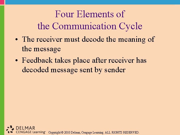 Four Elements of the Communication Cycle • The receiver must decode the meaning of