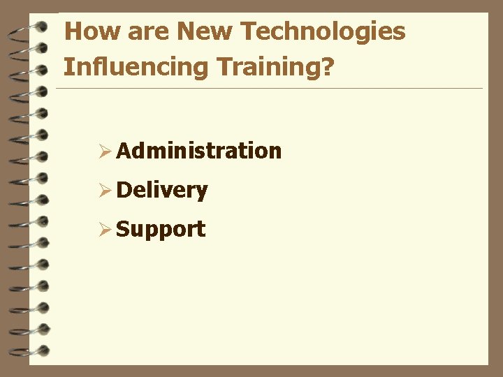 How are New Technologies Influencing Training? Ø Administration Ø Delivery Ø Support 