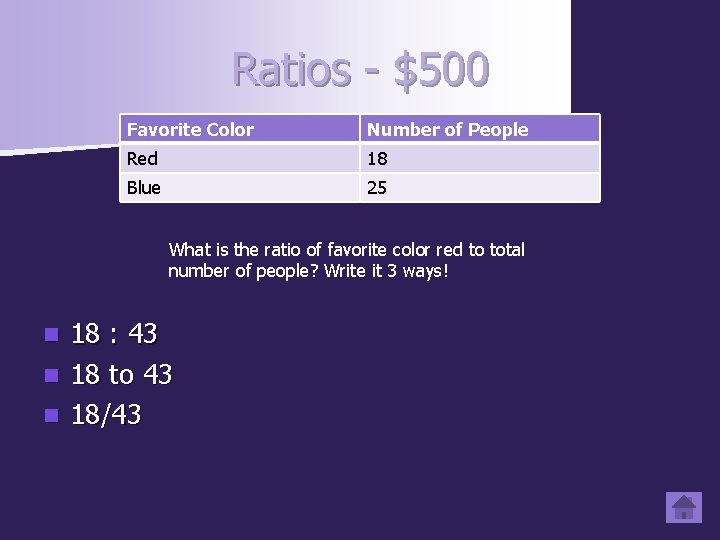 Ratios - $500 Favorite Color Number of People Red 18 Blue 25 What is