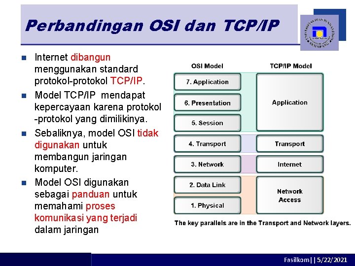 Perbandingan OSI dan TCP/IP Internet dibangun menggunakan standard protokol-protokol TCP/IP. n Model TCP/IP mendapat