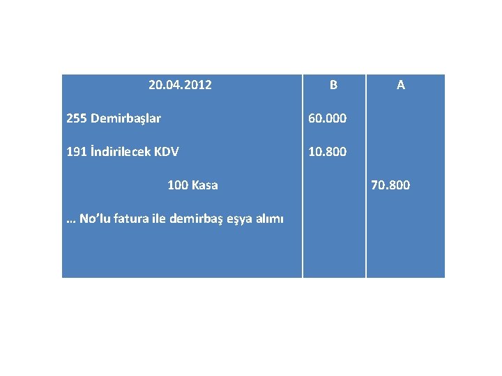 20. 04. 2012 B 255 Demirbaşlar 60. 000 191 İndirilecek KDV 10. 800 100