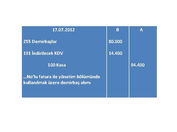 17. 07. 2012 B 255 Demirbaşlar 80. 000 191 İndirilecek KDV 14. 400 100