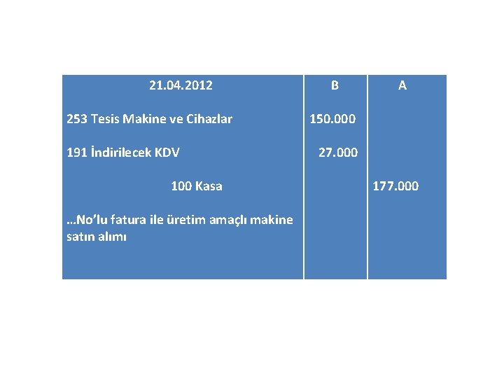 21. 04. 2012 253 Tesis Makine ve Cihazlar 191 İndirilecek KDV 100 Kasa …No’lu