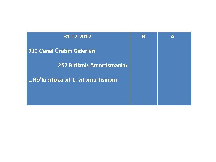 31. 12. 2012 730 Genel Üretim Giderleri 257 Birikmiş Amortismanlar …No’lu cihaza ait 1.