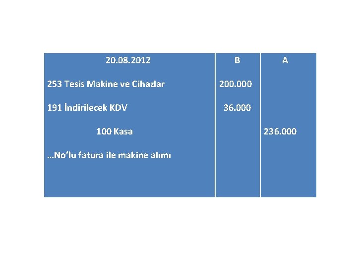 20. 08. 2012 253 Tesis Makine ve Cihazlar 191 İndirilecek KDV 100 Kasa …No’lu