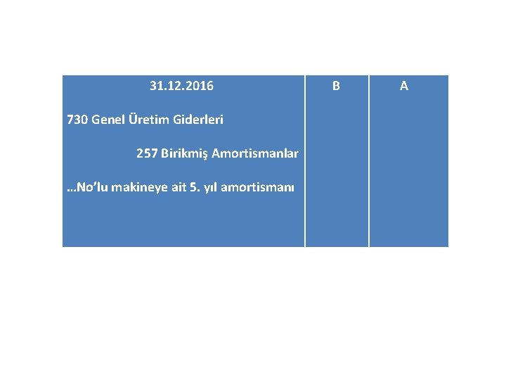 31. 12. 2016 730 Genel Üretim Giderleri 257 Birikmiş Amortismanlar …No’lu makineye ait 5.