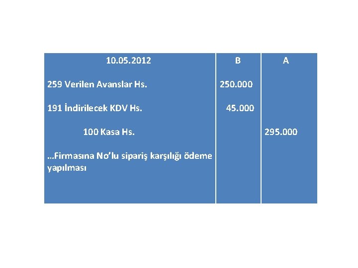 10. 05. 2012 259 Verilen Avanslar Hs. 191 İndirilecek KDV Hs. 100 Kasa Hs.