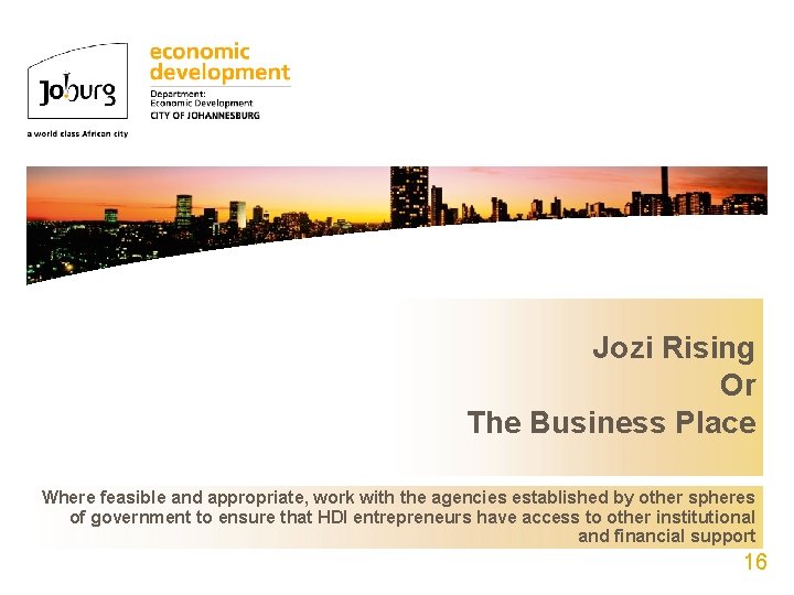 Jozi Rising Organisational Structure Or of the Directorate The Business Place Where feasible and