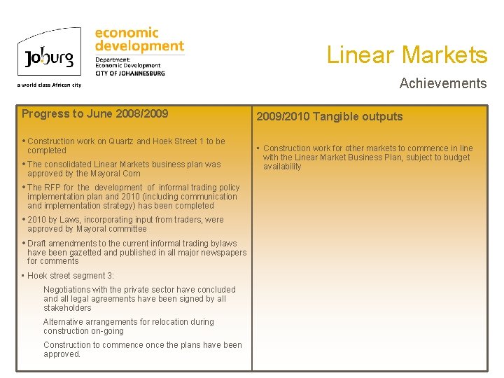 Linear Markets Achievements Progress to June 2008/2009 • Construction work on Quartz and Hoek