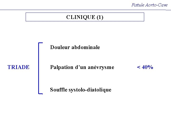 Fistule Aorto-Cave CLINIQUE (1) Douleur abdominale TRIADE Palpation d’un anévrysme Souffle systolo-diatolique < 40% Fistule Aorto-Cave CLINIQUE (1) Douleur abdominale TRIADE Palpation d’un anévrysme Souffle systolo-diatolique < 40%
