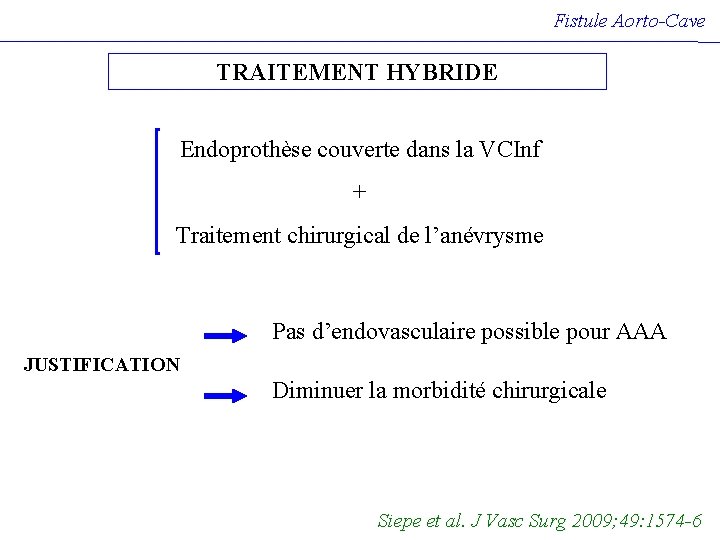 Fistule Aorto-Cave TRAITEMENT HYBRIDE Endoprothèse couverte dans la VCInf + Traitement chirurgical de l’anévrysme Fistule Aorto-Cave TRAITEMENT HYBRIDE Endoprothèse couverte dans la VCInf + Traitement chirurgical de l’anévrysme