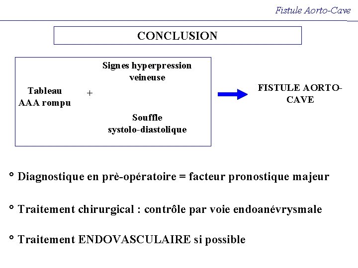 Fistule Aorto-Cave CONCLUSION Signes hyperpression veineuse Tableau AAA rompu + FISTULE AORTOCAVE Souffle systolo-diastolique Fistule Aorto-Cave CONCLUSION Signes hyperpression veineuse Tableau AAA rompu + FISTULE AORTOCAVE Souffle systolo-diastolique
