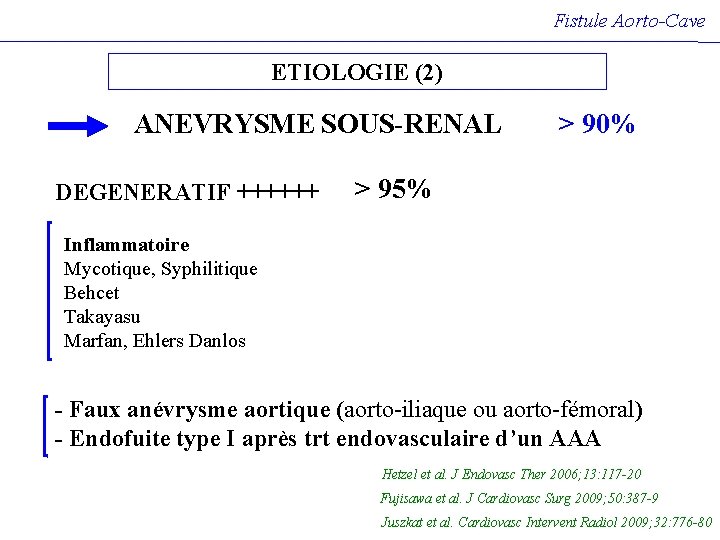 Fistule Aorto-Cave ETIOLOGIE (2) ANEVRYSME SOUS-RENAL DEGENERATIF ++++++ > 90% > 95% Inflammatoire Mycotique, Fistule Aorto-Cave ETIOLOGIE (2) ANEVRYSME SOUS-RENAL DEGENERATIF ++++++ > 90% > 95% Inflammatoire Mycotique,