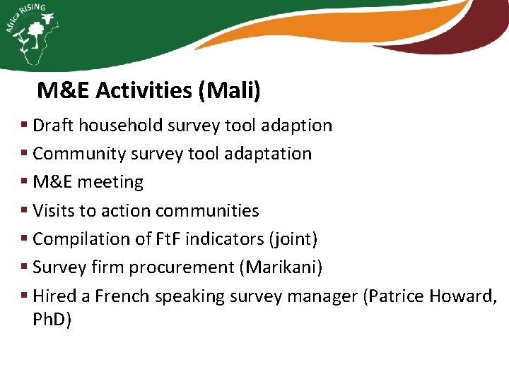 M&E Activities (Mali) § Draft household survey tool adaption § Community survey tool adaptation