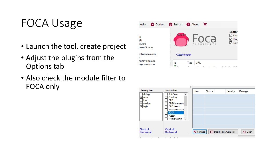 FOCA Usage • Launch the tool, create project • Adjust the plugins from the
