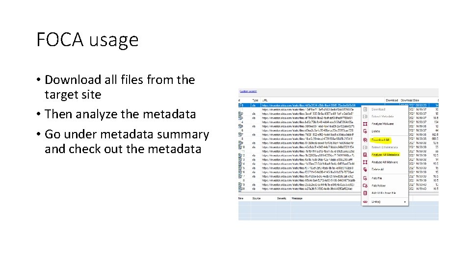 FOCA usage • Download all files from the target site • Then analyze the