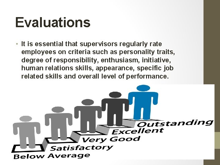 Evaluations • It is essential that supervisors regularly rate employees on criteria such as Evaluations • It is essential that supervisors regularly rate employees on criteria such as