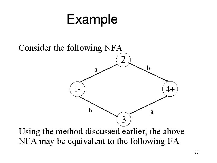 Example Consider the following NFA 2 a b 4+ 1 b 3 a Using