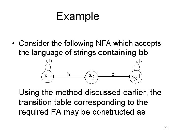 Example • Consider the following NFA which accepts the language of strings containing bb