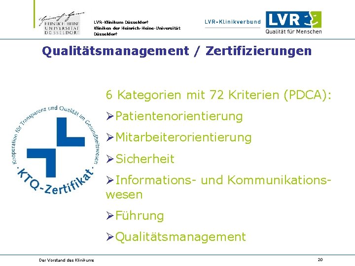 LVR-Klinikum Düsseldorf Kliniken der Heinrich-Heine-Universität Düsseldorf Qualitätsmanagement / Zertifizierungen 6 Kategorien mit 72 Kriterien