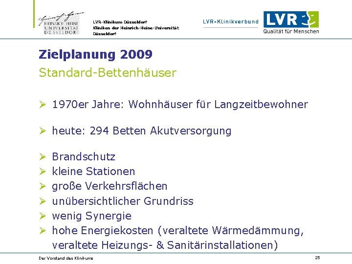 LVR-Klinikum Düsseldorf Kliniken der Heinrich-Heine-Universität Düsseldorf Zielplanung 2009 Standard-Bettenhäuser Ø 1970 er Jahre: Wohnhäuser