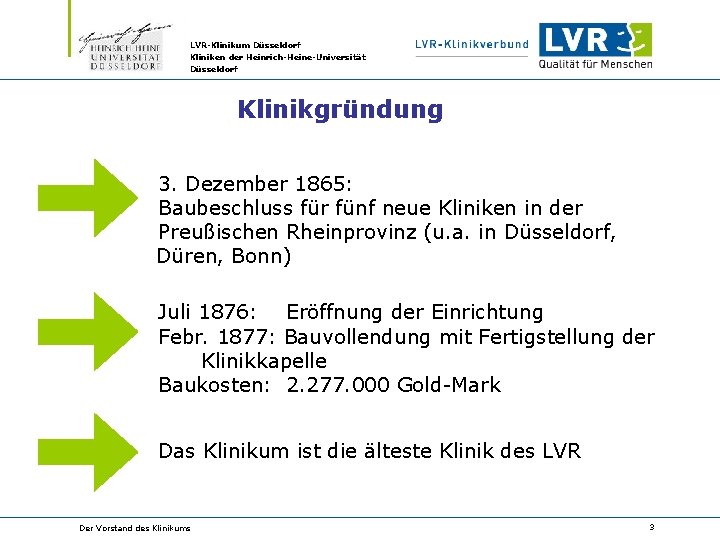 LVR-Klinikum Düsseldorf Kliniken der Heinrich-Heine-Universität Düsseldorf Klinikgründung 3. Dezember 1865: Baubeschluss für fünf neue