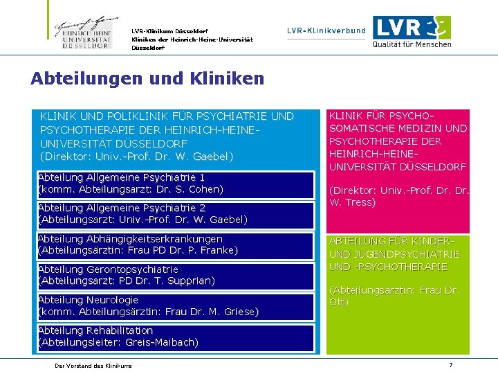 LVR-Klinikum Düsseldorf Kliniken der Heinrich-Heine-Universität Düsseldorf Abteilungen und Kliniken KLINIK UND POLIKLINIK FÜR PSYCHIATRIE