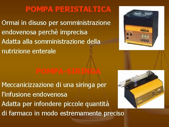 POMPA PERISTALTICA Ormai in disuso per somministrazione endovenosa perchè imprecisa Adatta alla somministrazione della