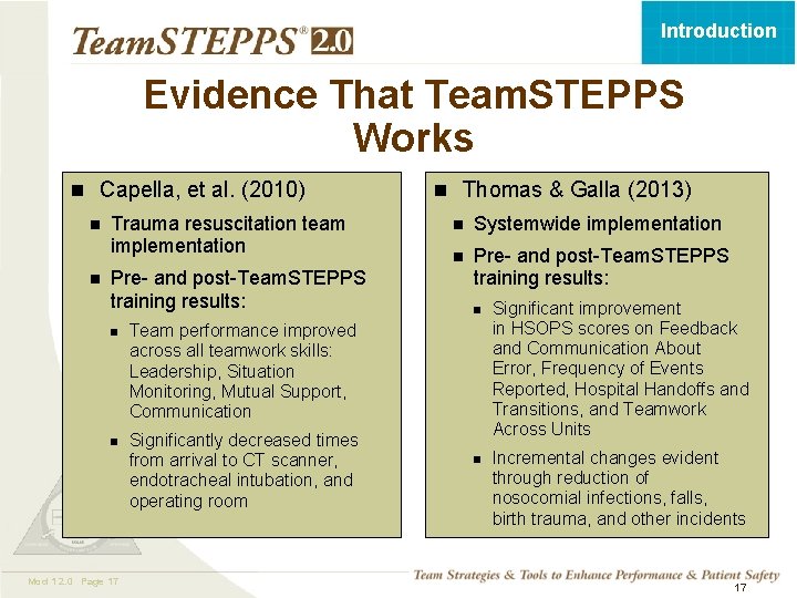 Introduction Evidence That Team. STEPPS Works n Capella, et al. (2010) n n n