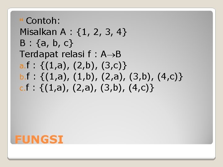 Contoh: Misalkan A : {1, 2, 3, 4} B : {a, b, c} Terdapat Contoh: Misalkan A : {1, 2, 3, 4} B : {a, b, c} Terdapat