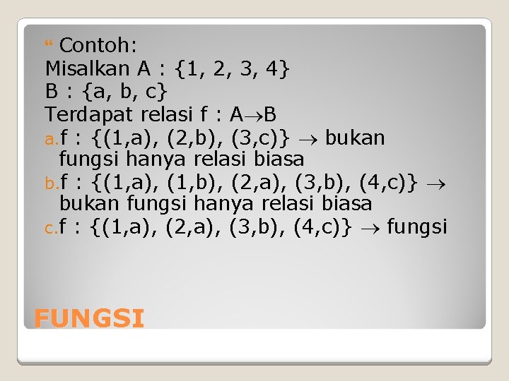 Contoh: Misalkan A : {1, 2, 3, 4} B : {a, b, c} Terdapat Contoh: Misalkan A : {1, 2, 3, 4} B : {a, b, c} Terdapat