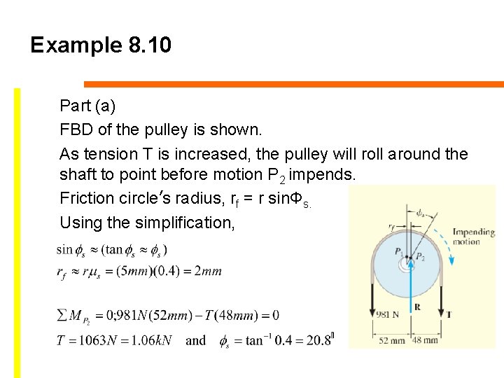 Example 8. 10 Part (a) FBD of the pulley is shown. As tension T