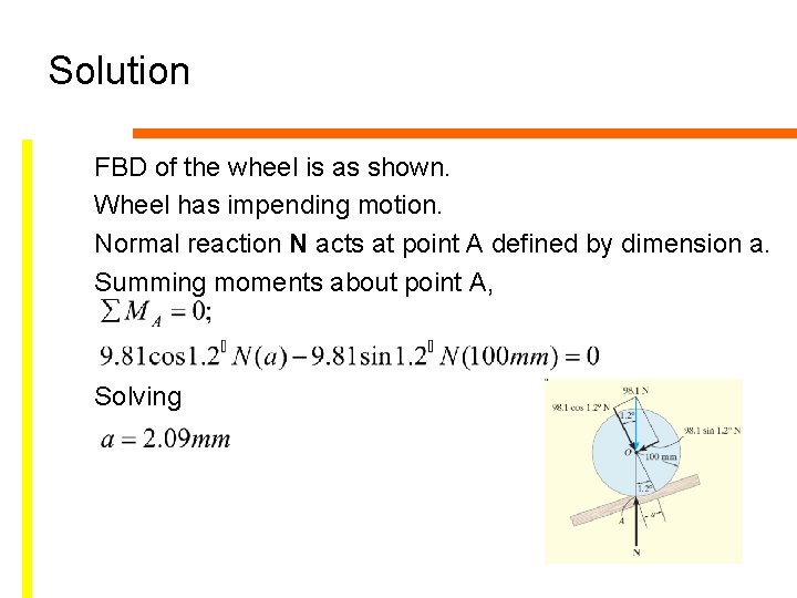 Solution FBD of the wheel is as shown. Wheel has impending motion. Normal reaction