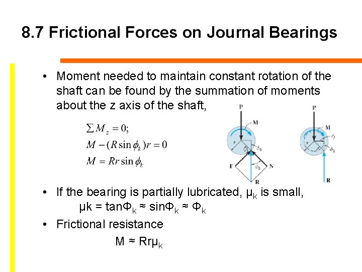 8. 7 Frictional Forces on Journal Bearings • Moment needed to maintain constant rotation