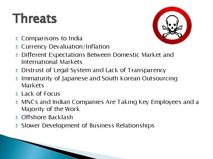 Threats Comparisons to India Currency Devaluation/Inflation Different Expectations Between Domestic Market and International Markets