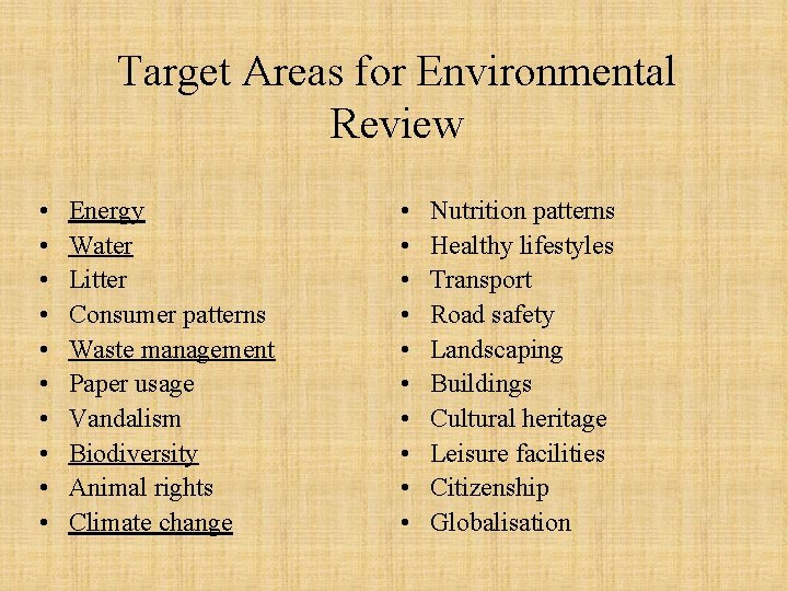 Target Areas for Environmental Review • • • Energy Water Litter Consumer patterns Waste