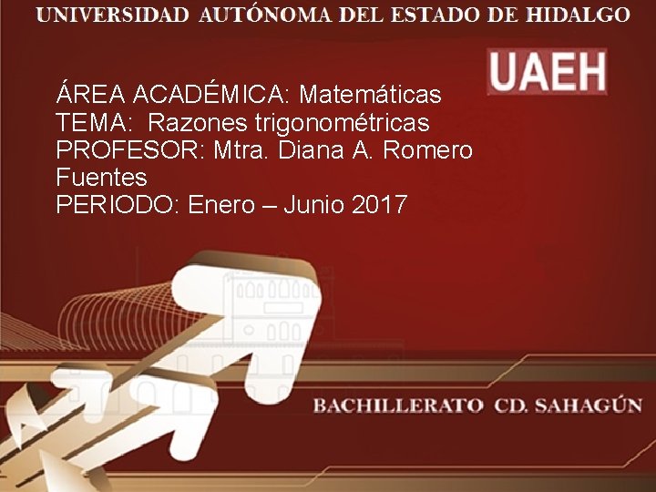 ÁREA ACADÉMICA: Matemáticas TEMA: Razones trigonométricas PROFESOR: Mtra. Diana A. Romero Fuentes PERIODO: Enero