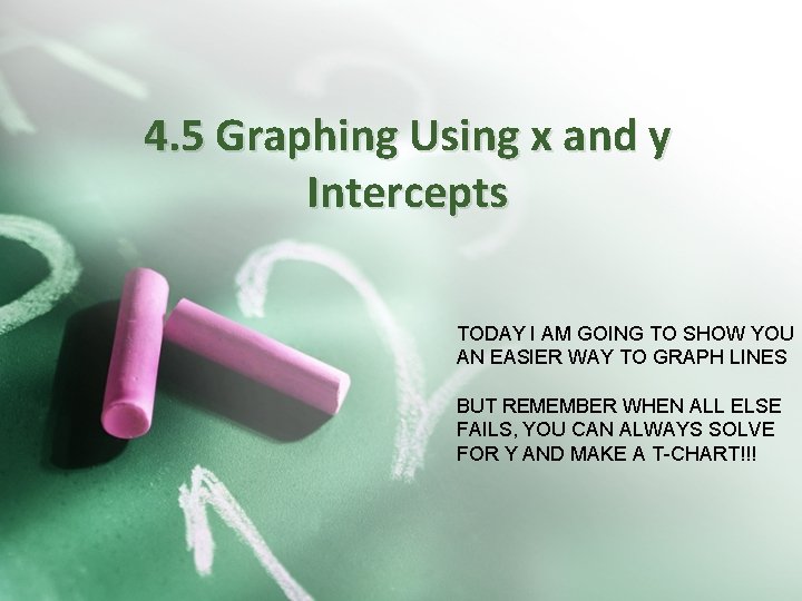 4. 5 Graphing Using x and y Intercepts TODAY I AM GOING TO SHOW 4. 5 Graphing Using x and y Intercepts TODAY I AM GOING TO SHOW