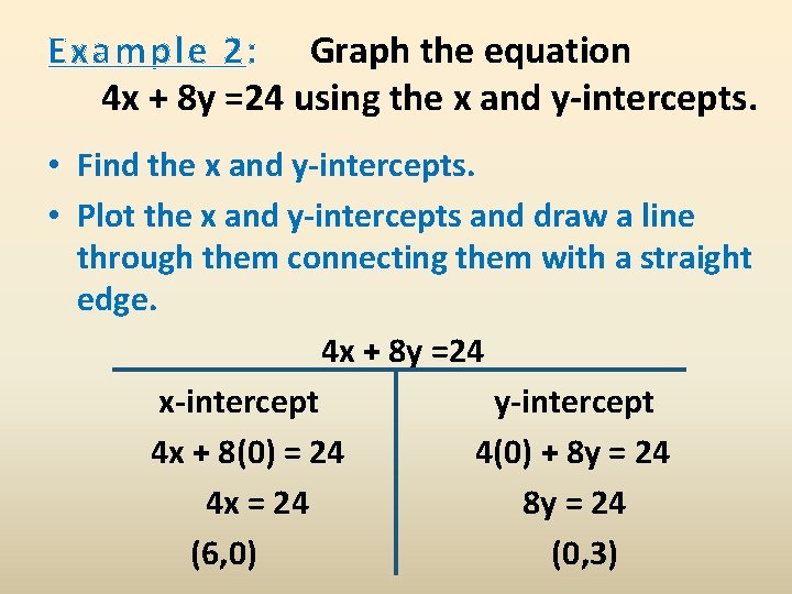 Example 2: Graph the equation 4 x + 8 y =24 using the x Example 2: Graph the equation 4 x + 8 y =24 using the x