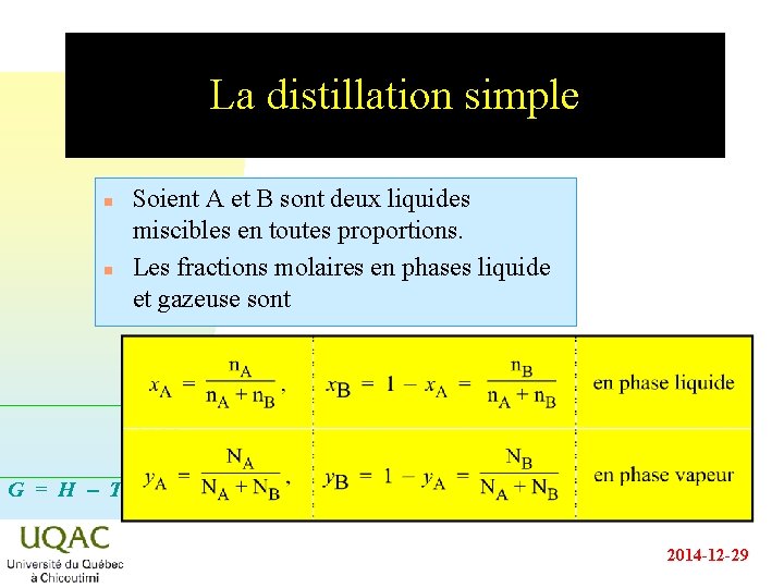 La distillation simple n n Soient A et B sont deux liquides miscibles en