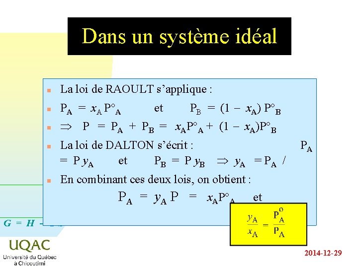 Dans un système idéal n La loi de RAOULT s’applique : n PA =