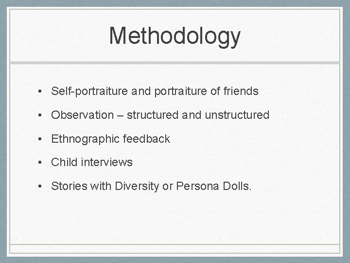 Methodology • Self-portraiture and portraiture of friends • Observation – structured and unstructured •