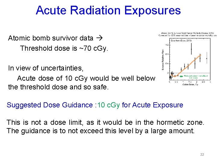 Acute Radiation Exposures Atomic bomb survivor data Threshold dose is ~70 c. Gy. In