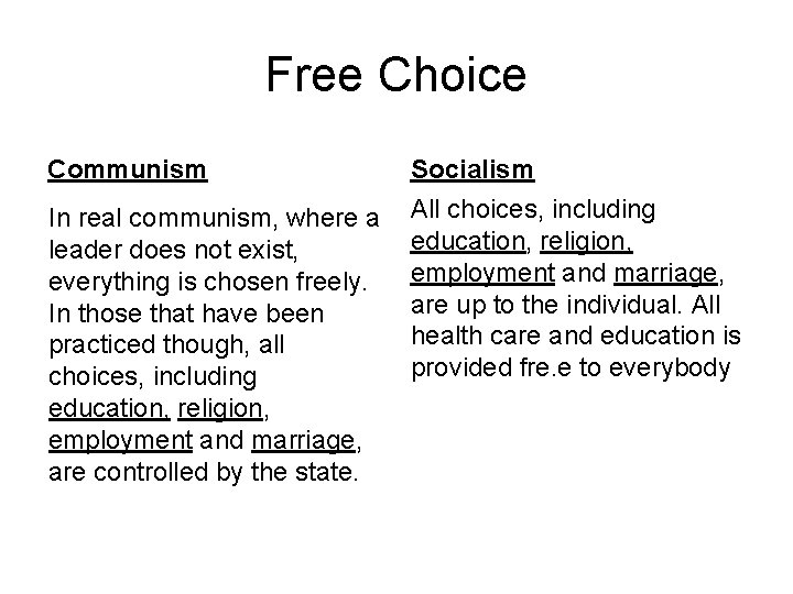 Free Choice Communism Socialism In real communism, where a leader does not exist, everything