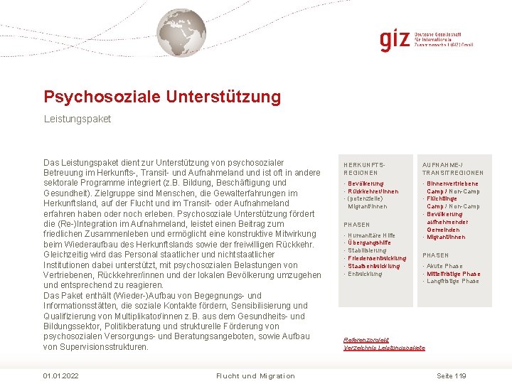 Psychosoziale Unterstützung Leistungspaket Das Leistungspaket dient zur Unterstützung von psychosozialer Betreuung im Herkunfts ,