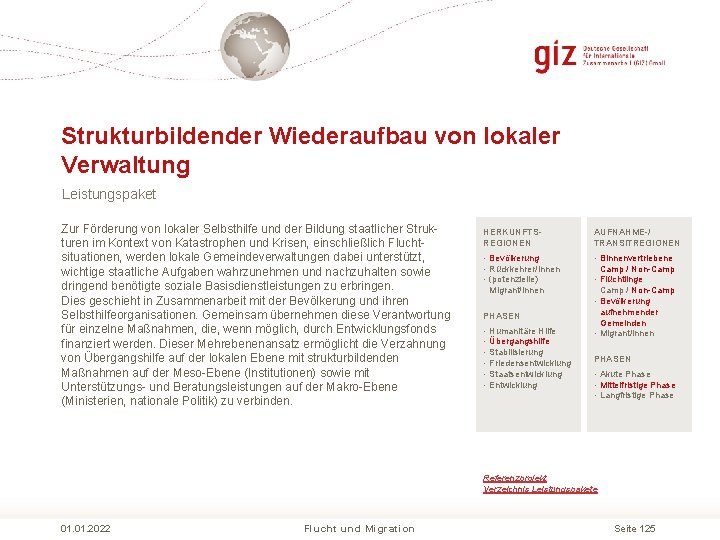 Strukturbildender Wiederaufbau von lokaler Verwaltung Leistungspaket Zur Förderung von lokaler Selbsthilfe und der Bildung