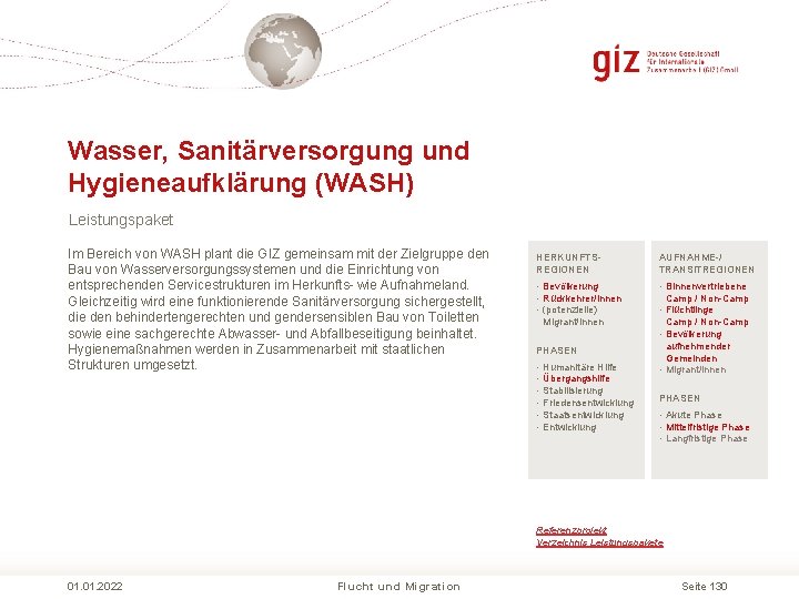 Wasser, Sanitärversorgung und Hygieneaufklärung (WASH) Leistungspaket Im Bereich von WASH plant die GIZ gemeinsam