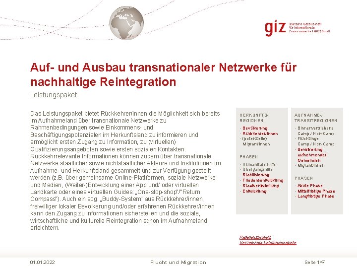 Auf- und Ausbau transnationaler Netzwerke für nachhaltige Reintegration Leistungspaket Das Leistungspaket bietet Rückkehrer/innen die Auf- und Ausbau transnationaler Netzwerke für nachhaltige Reintegration Leistungspaket Das Leistungspaket bietet Rückkehrer/innen die