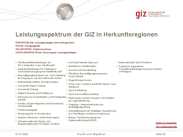 Leistungsspektrum der GIZ in Herkunftsregionen KERNPROBLEM: Lebensgrundlagen sind nicht gesichert. PHASE: Übergangshilfe ZIELGRUPPEN: Rückkehrer/innen Leistungsspektrum der GIZ in Herkunftsregionen KERNPROBLEM: Lebensgrundlagen sind nicht gesichert. PHASE: Übergangshilfe ZIELGRUPPEN: Rückkehrer/innen